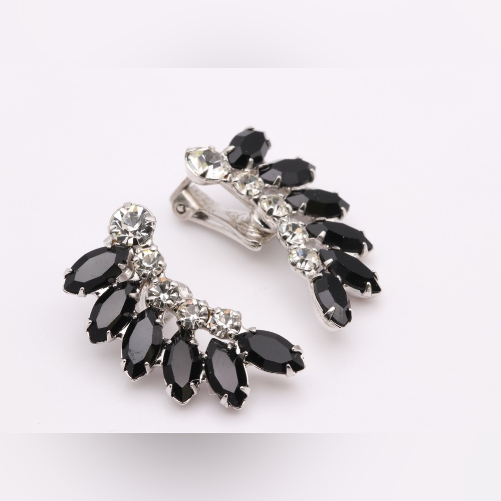 Vintage B David Black Rhinestone Clip Earrings Old Hollywood Glam - Picture 8 of 10